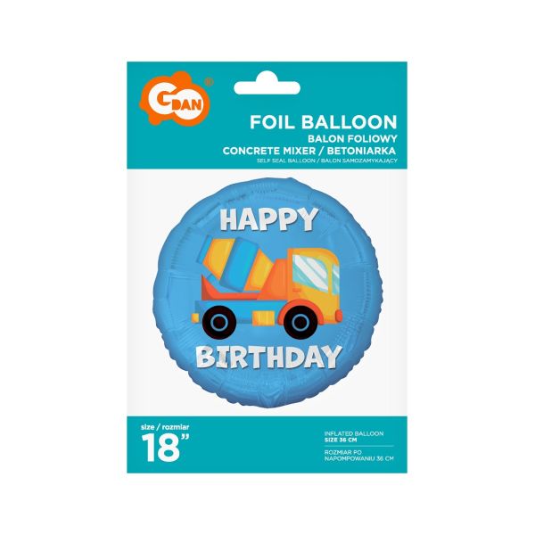 Balon foliowy Betoniarka (Happy Birthday), 18"