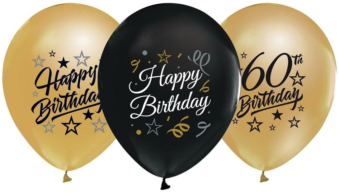 Balony Beauty&Charm 12' z nadrukiem '60', złote i czarne, 5 szt.