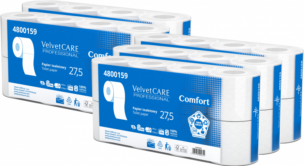 5x Papier toaletowy VelvetCARE Professional, 2-warstwowy, 27.5m, 8 rolek, biały