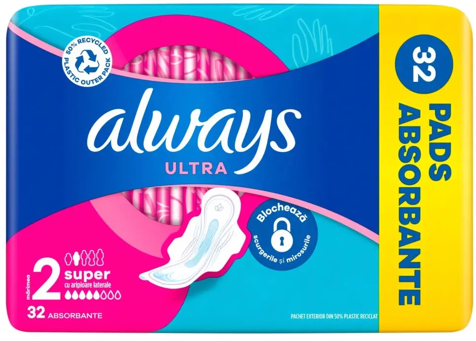 Podpaski Always Ultra Super, rozmiar 2, ze skrzydełkami, 32 sztuki