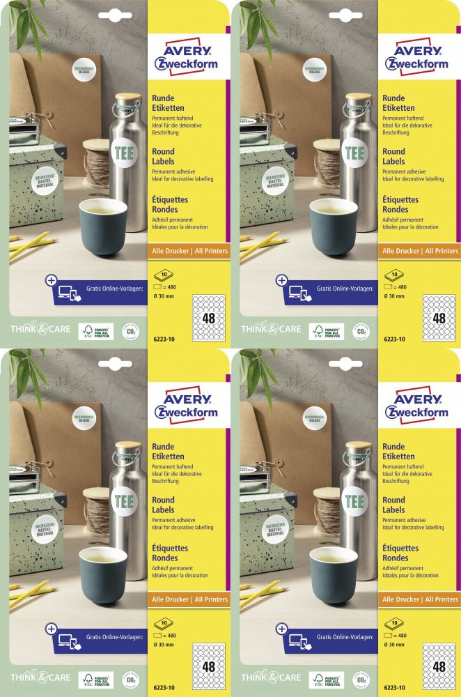 4x Etykiety samoprzylepne Avery Zweckform, okrągłe, średnica 30mm, 10 arkuszy, 480 sztuk, biały