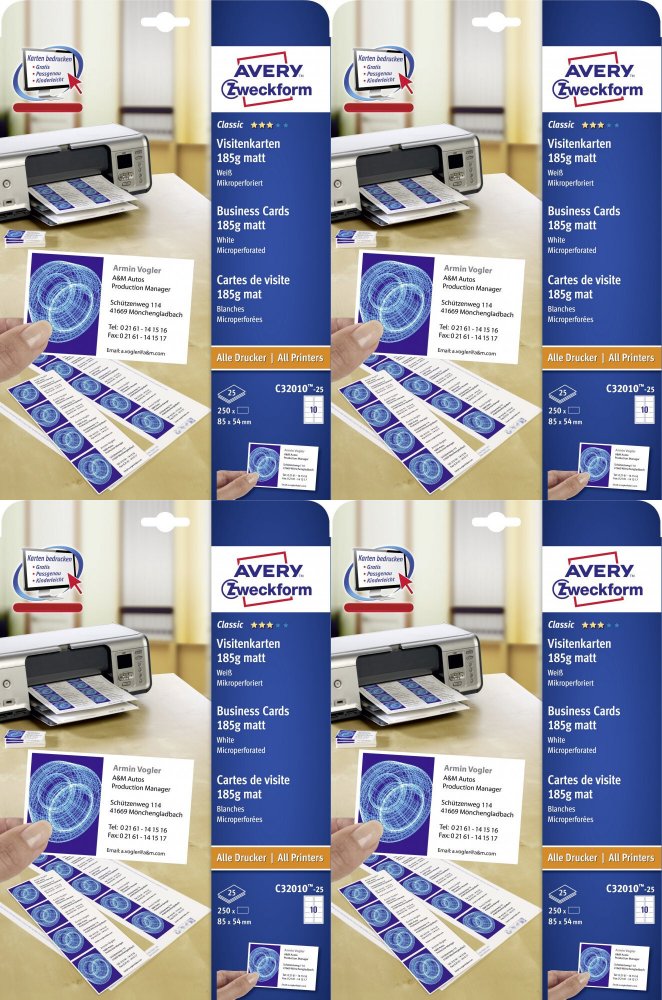 4x Wizytówki Avery Zweckform, dwustronne, z mikroperforacją, matowe, 85x54mm, 250 sztuk, biały