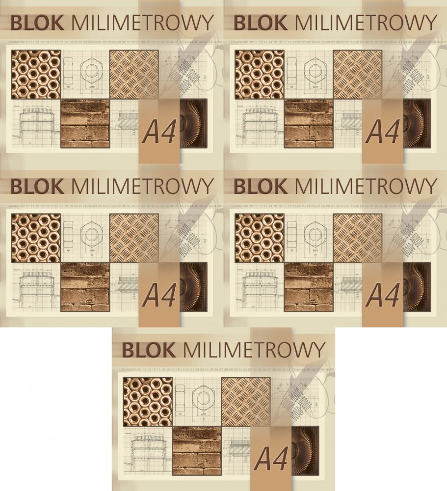 5x Blok milimetrowy Kreska, A4, 20 kartek, jasnobrązowy