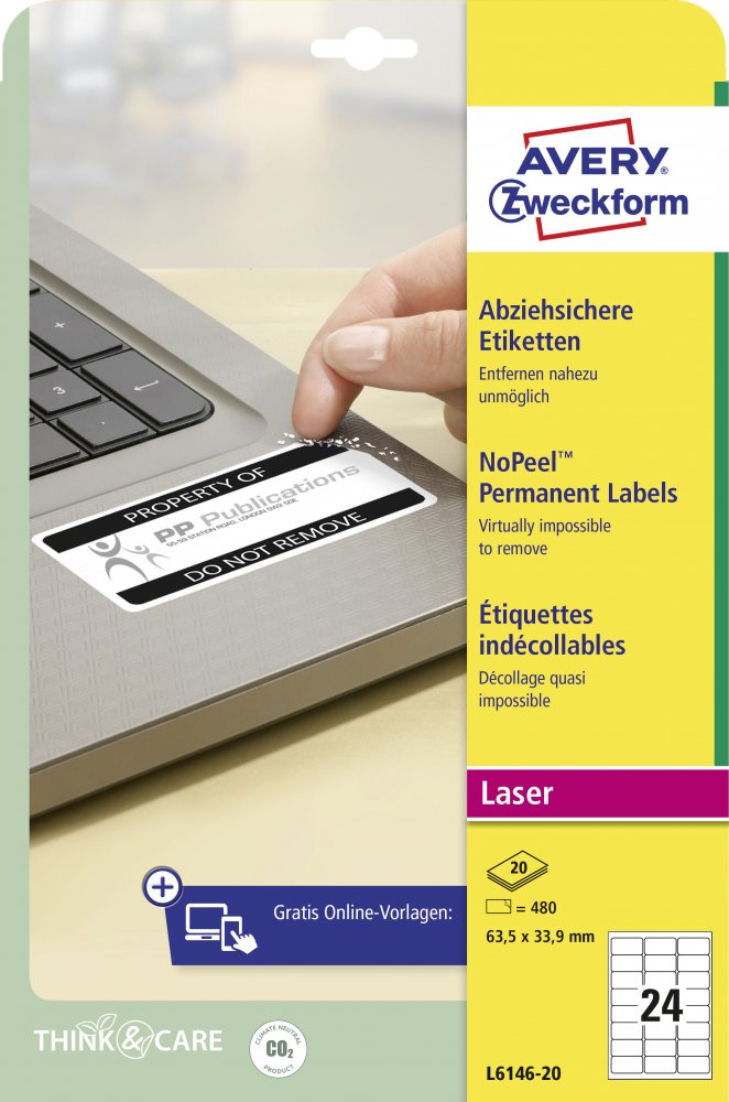 Etykiety zabezpieczające Avery Zweckform NoPeel, 63.5x33.9mm, 20 arkuszy, biały