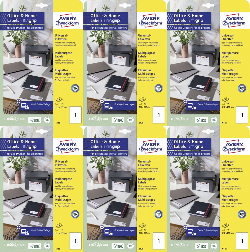 6x Etykiety samoprzylepne Avery Zweckform, 210x297mm, 10 arkuszy, biały