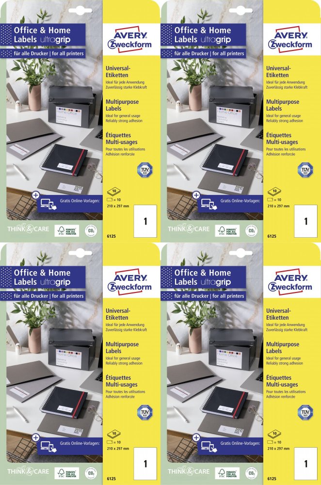 4x Etykiety samoprzylepne Avery Zweckform, 210x297mm, 10 arkuszy, biały