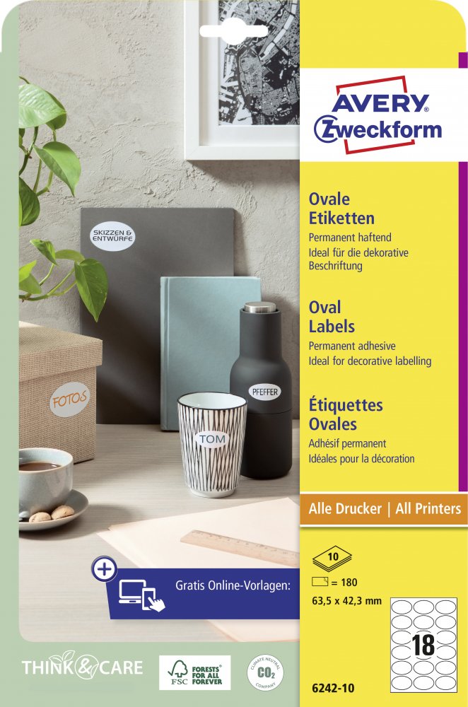 Etykiety samoprzylepne na słoiki Avery Zweckform, owalne, 63.5x42.3mm, 10 arkuszy, 180 sztuk, biały