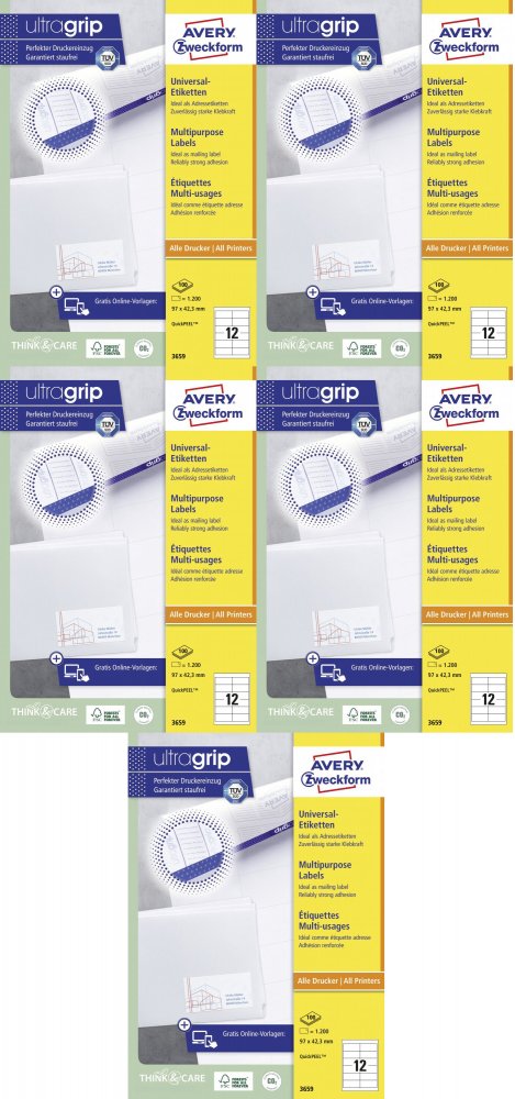 5x Etykiety samoprzylepne Avery Zweckform, 97x42.3mm, 100 arkuszy, biały