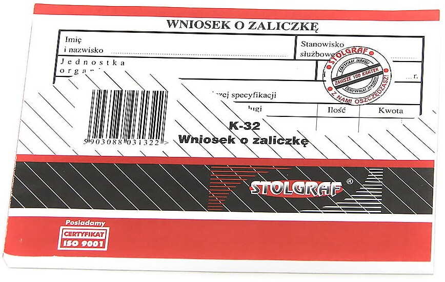 Druk akcydensowy Wniosek o zaliczkę Stolgraf K-32, A6, offsetowy, 100k
