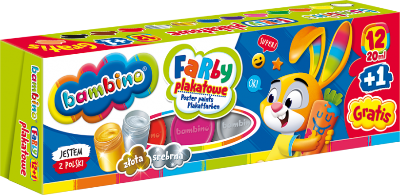 Farby plakatowe Bambino Zwierzaki Uczniaki, 20ml, 12 sztuk + cielista Gratis, mix kolorów