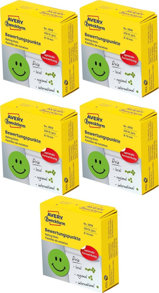 5x Etykiety "uśmiechnięta buźka" Avery Zweckform, okrągłe, średnica 19mm, 250 sztuk, zielony