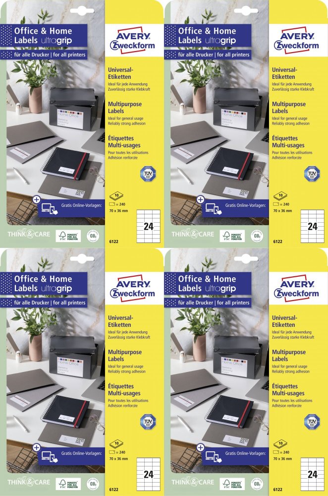 4x Etykiety samoprzylepne Avery Zweckform, 70x36mm, 10 arkuszy, biały