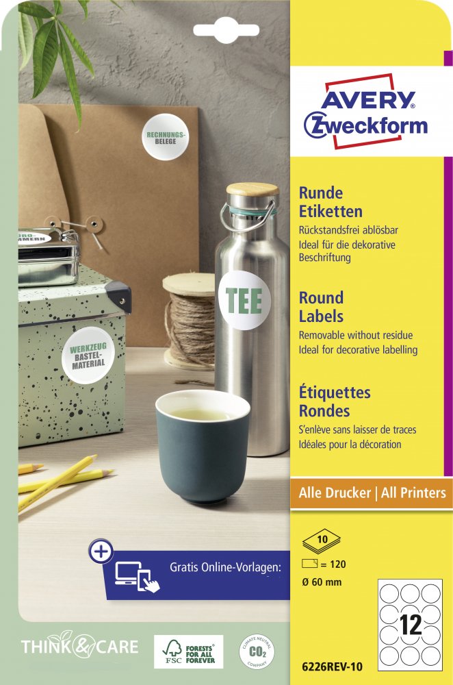 Etykiety samoprzylepne usuwalne Avery Zweckform, okrągłe, średnica 60mm, 10 arkuszy, 120 sztuk, biały