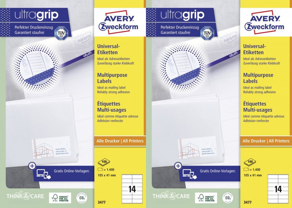 2x Etykiety samoprzylepne Avery Zweckform, 105x41mm, 100 arkuszy, biały