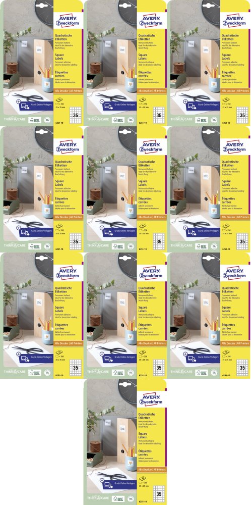 10x Etykiety samoprzylepne na słoiki Avery Zweckform, kwadratowe, 35x35mm, 10 arkuszy, 350 sztuk, biały