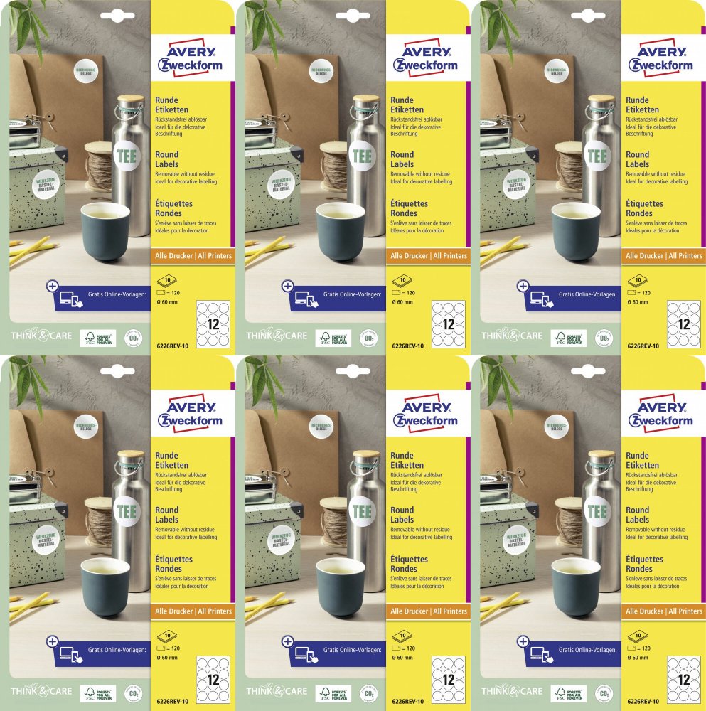 6x Etykiety samoprzylepne usuwalne Avery Zweckform, okrągłe, średnica 60mm, 10 arkuszy, 120 sztuk, biały