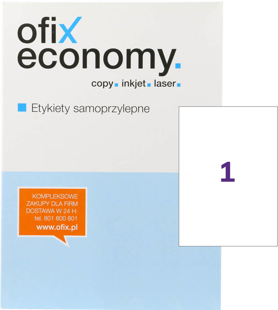 Outlet: USZKODZONE OPAKOWANIE Etykiety samoprzylepne Ofix Economy, 210x297mm, 100 arkuszy, biały