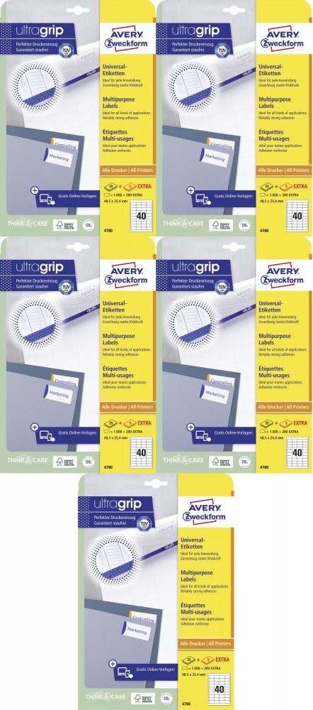 5x Etykiety samoprzylepne Avery Zweckform, 48.5x25.4mm, 25 arkuszy + 5 gratis, biały
