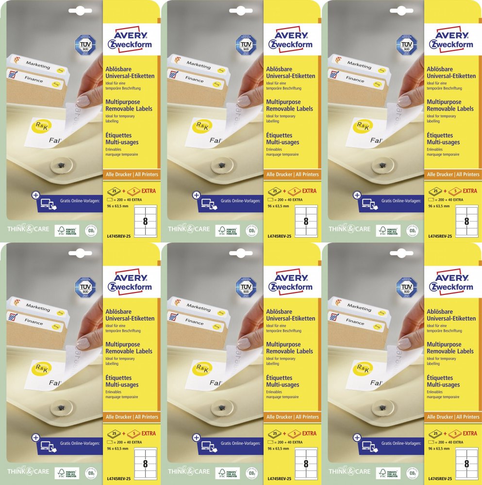 6x Etykiety samoprzylepne usuwalne Avery Zweckform, 96x63.5mm, 25 arkuszy + 5 gratis, biały