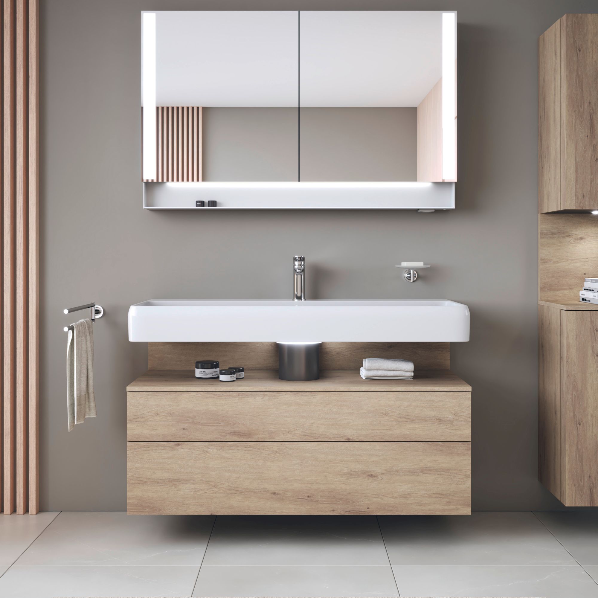 Duravit Qatego szafka 120 cm podumywalkowa wisząca dąb marmurkowy mat QA4396055550010