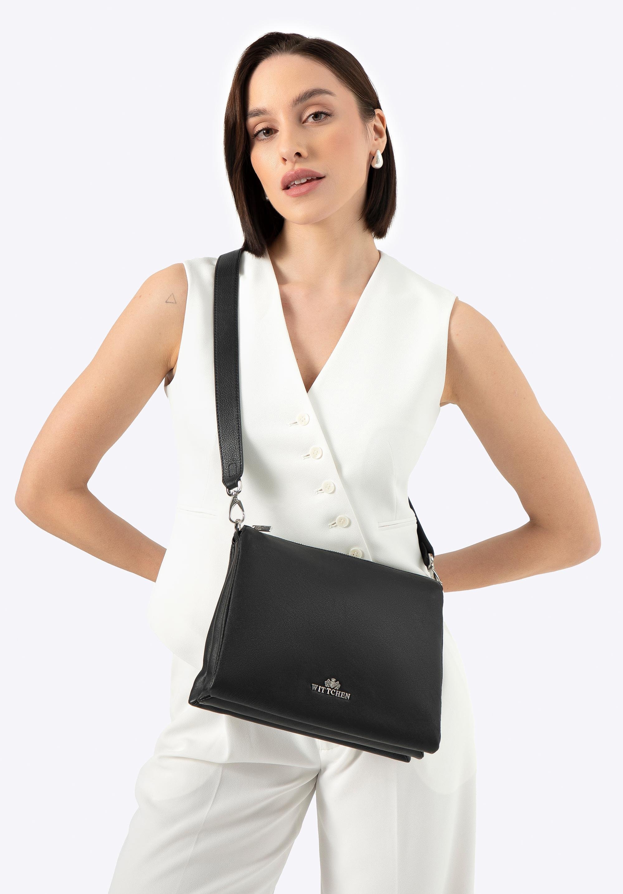 Damska crossbody trójkomorowa ze skóry czarna