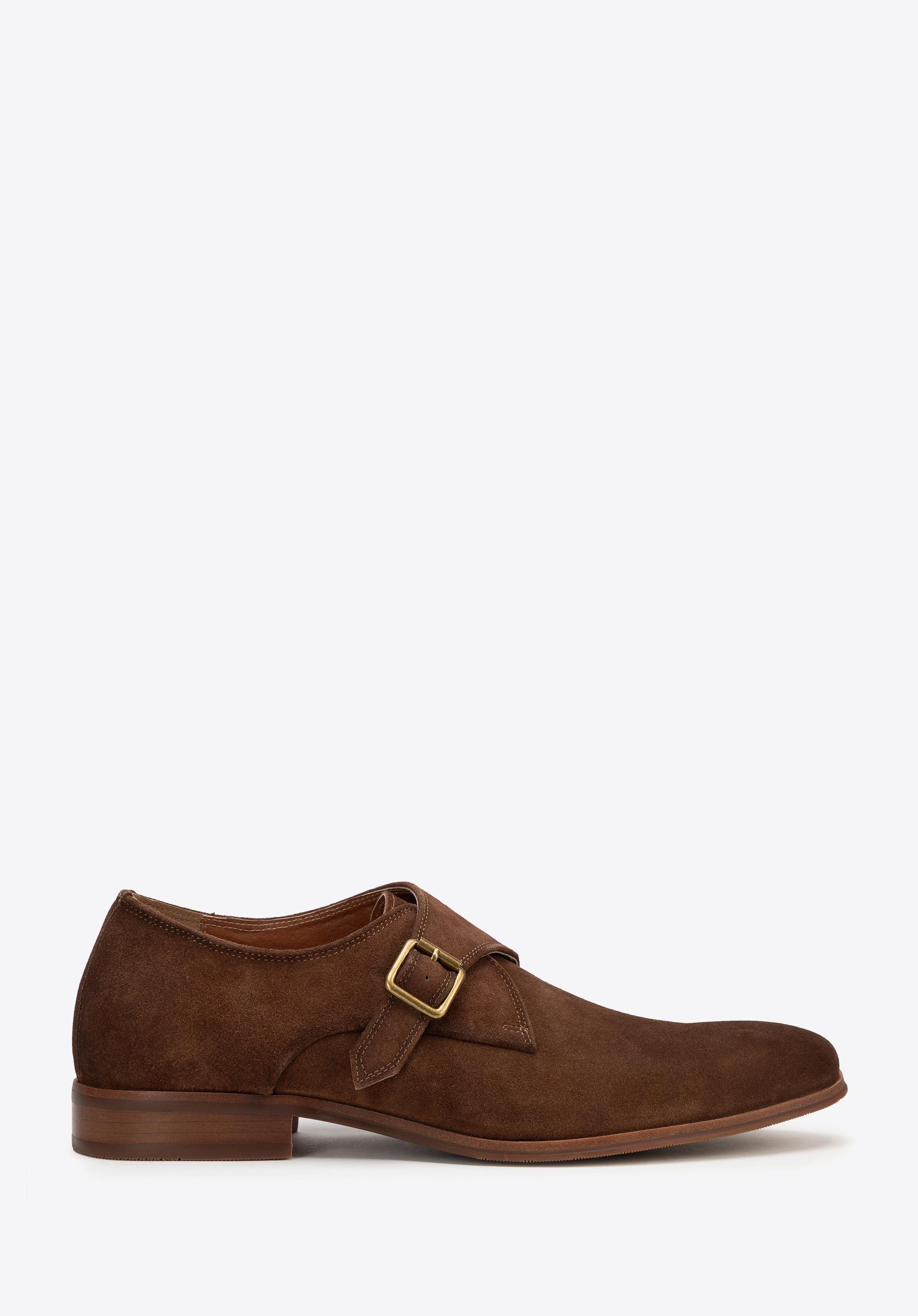 Męskie buty monki ze skóry zamszowej ciemny brąz