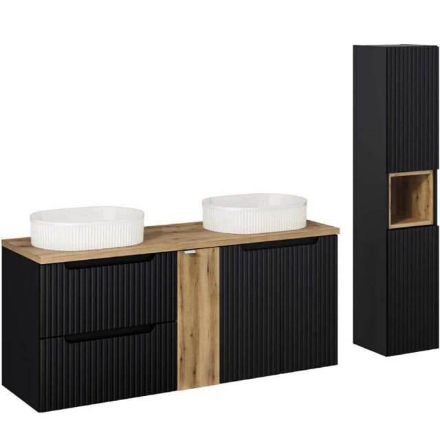 COMAD Zestaw mebli NOVA BLACK 3 szafki z blatem OAK 140 cm, 2 umywalk