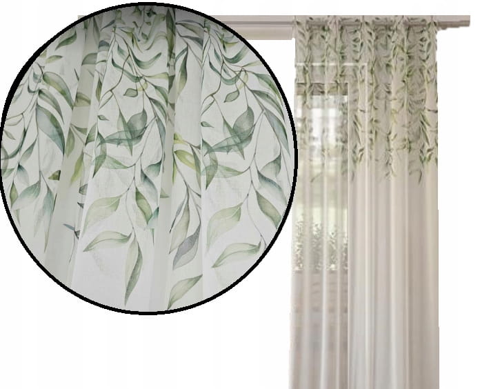 Firana z etaminy Zielone Liście wzór u góry 260x150 taśma
