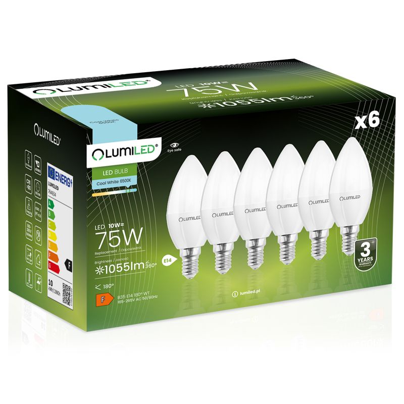 Żarówka LED LUMILED E14 B35 10W 1055lm 6500K 180st 6 szt.