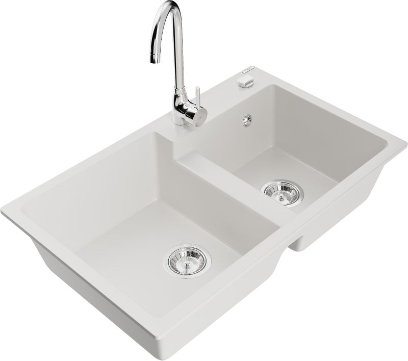 Zlewozmywak granitowy Mexen Tomas 2-komorowy z baterią kuchenną Telma biały - 6516-20-670200-50 1 szt.