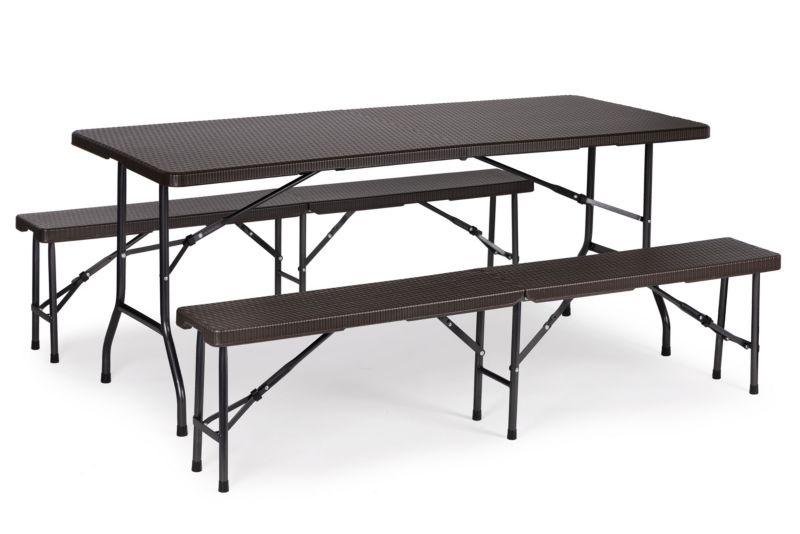 Zestaw cateringowy ModernHome stół bankietowy 180 cm ławki ratan brąz 1 kpl.