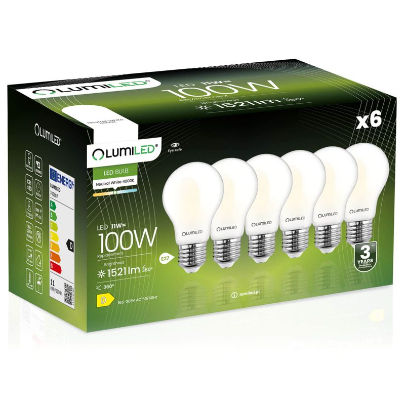 Żarówka LED LUMILED E27 A60 11W 1521lm 4000K 360st FILAMENT 6 szt.