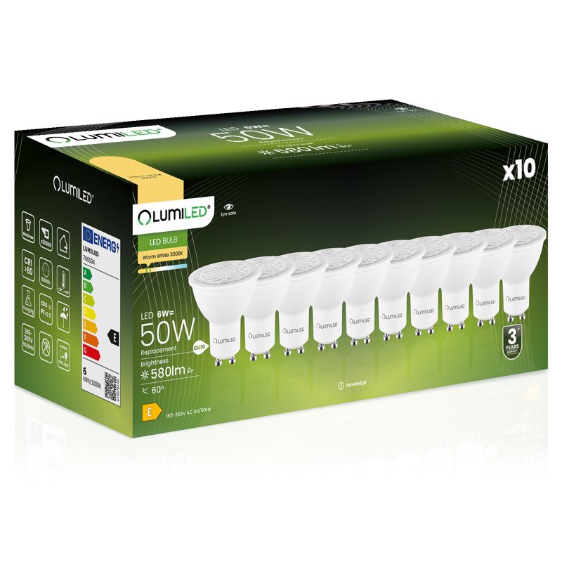 Żarówka LED LUMILED GU10 6W 580lm 3000K 24st 36st 60st 10 szt.