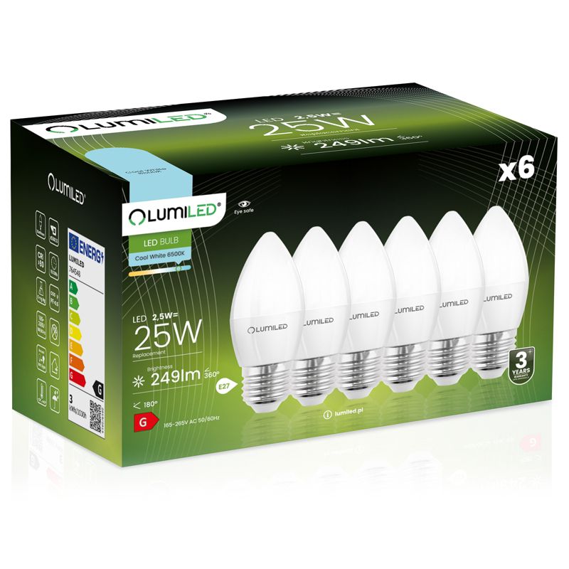 Żarówka LED LUMILED E27 B35 2,5W 249lm 6500K 180st 6 szt.