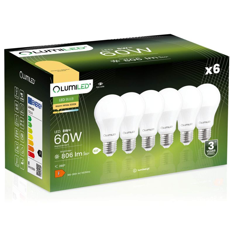 Żarówka LED LUMILED E27 A60 8W 806lm 3000K 260st 6 szt.