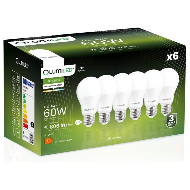 Żarówka LED LUMILED E27 A60 8W 806lm 4000K 260st 6 szt.