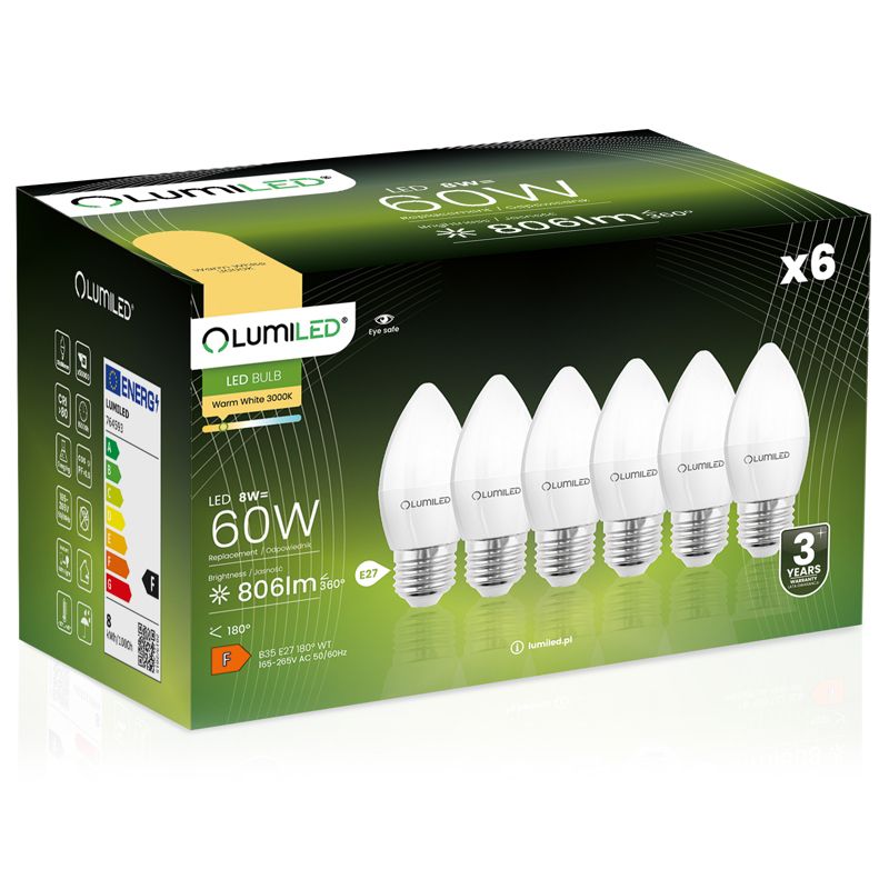 Żarówka LED LUMILED E27 B35 8W 806lm 3000K 180st 6 szt.