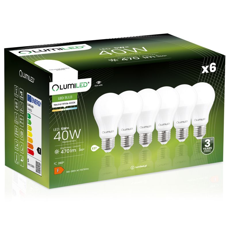 Żarówka LED LUMILED E27 A60 5W 470lm 4000K 260st 6 szt.