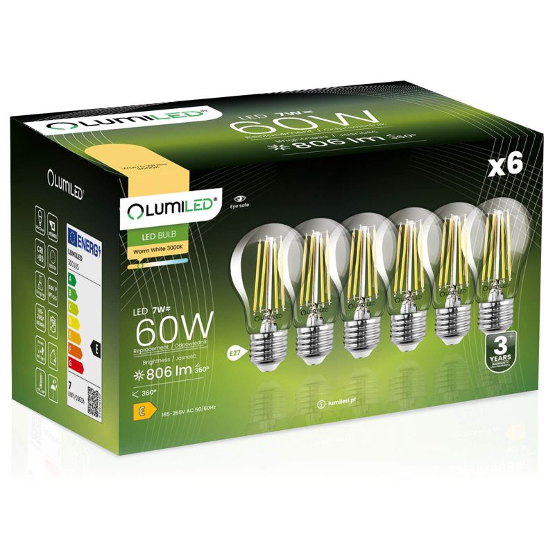 Żarówka LED LUMILED E27 A60 7W 806lm 3000K 360st FILAMENT 6 szt.