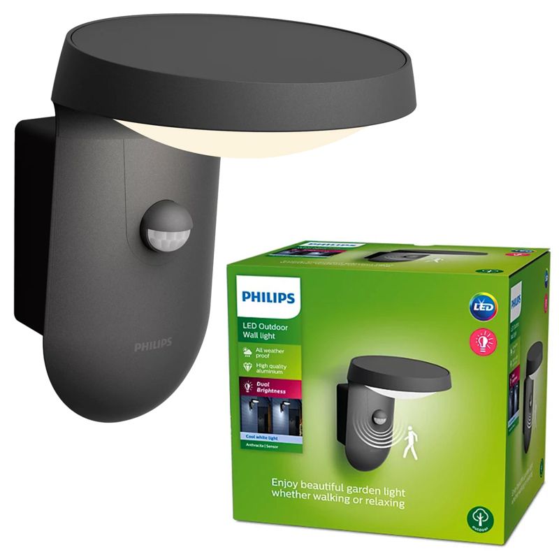 Kinkiet Ogrodowy Philips Lampa Elewacyjna Zewnętrzna LED 9W 930lm 4000K IP44 z Czujnikiem Ruchu i Zmierzchu Antracyt 1 szt.