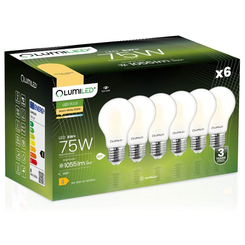 Żarówka LED LUMILED E27 A60 8W 1055lm 3000K 360st FILAMENT 6 szt.