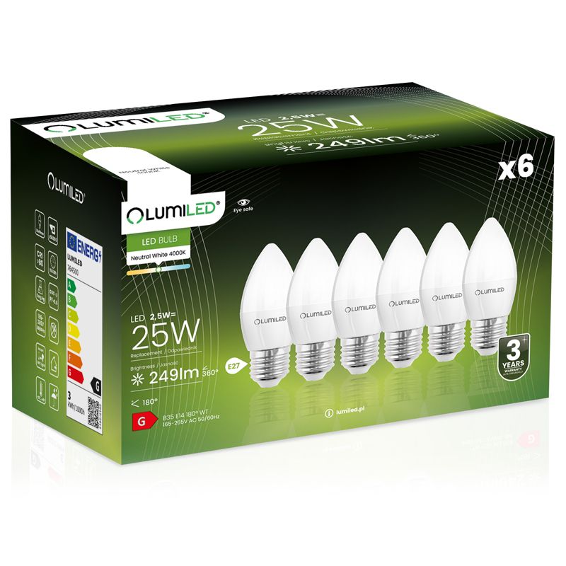 Żarówka LED LUMILED E27 B35 2,5W 249lm 4000K 180st 6 szt.