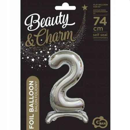BALON FOLIOWY SREBRNY CYFRA 2 STOJĄCY 74CM