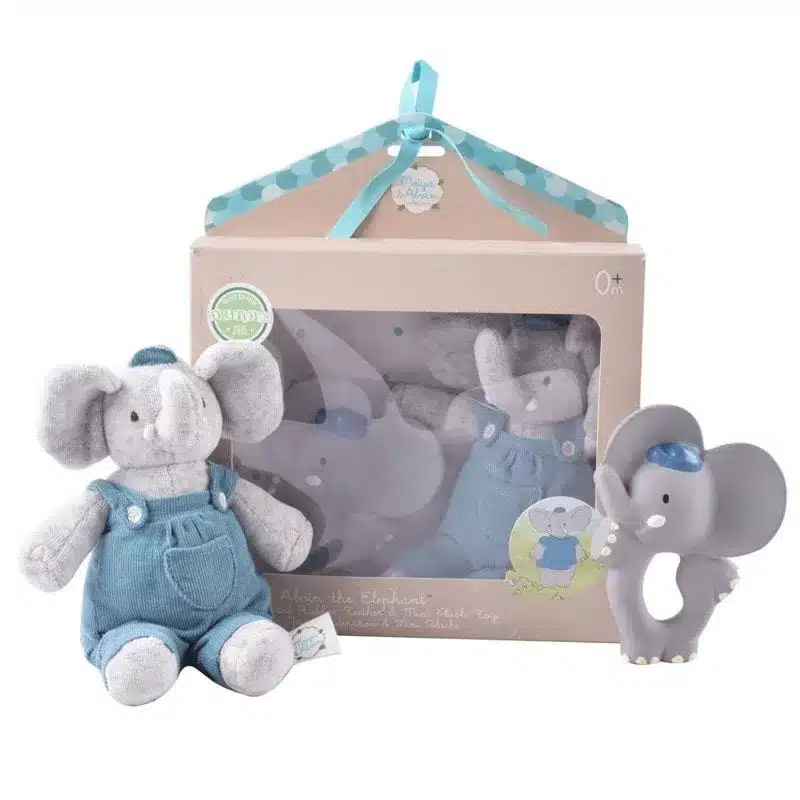 Zestaw prezentowy Baby Shower Set z lalką przytulanką i gryzakiem z organicznego kauczuku Hevea Alvin Elephant BBTB