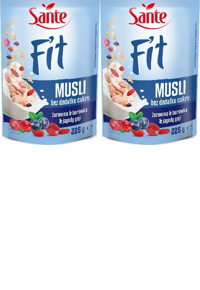 2x Płatki śniadaniowe Sante Fit, żurawina/borówka/jagody goji, bez cukru, 225g