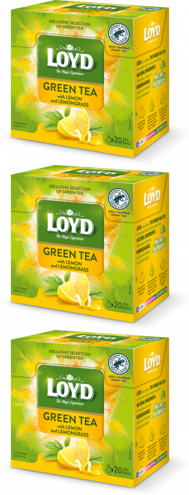 3x Herbata zielona smakowa w piramidkach Loyd, trawa cytrynowa/cytryna, 20 sztuk x 1.5g