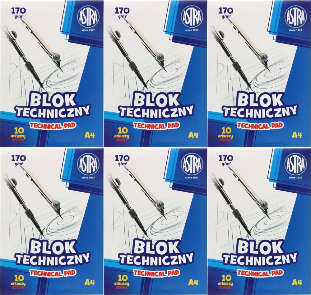 6x Blok techniczny Astra, A4, 10 kartek, biały