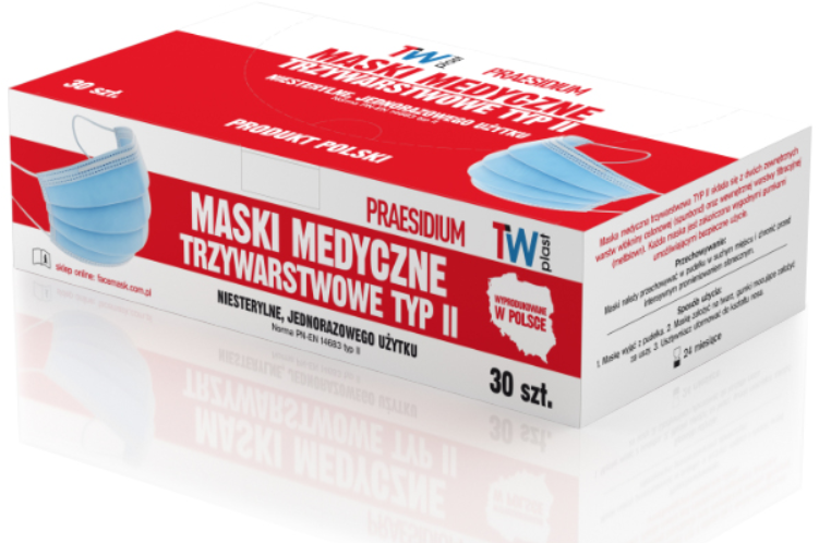 Maseczka medyczna EN14683-2019, trójwarstwowa typ II, 30 sztuk, klips nosowy, niebieski