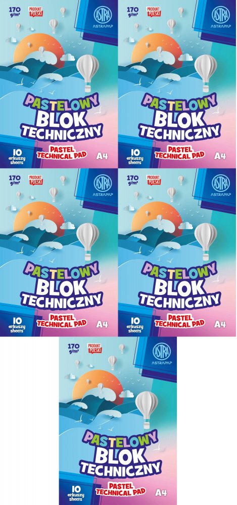 5x Blok techniczny Astra Astrapap, A4, 170g, 10 kartek, kolorowy pastelowy