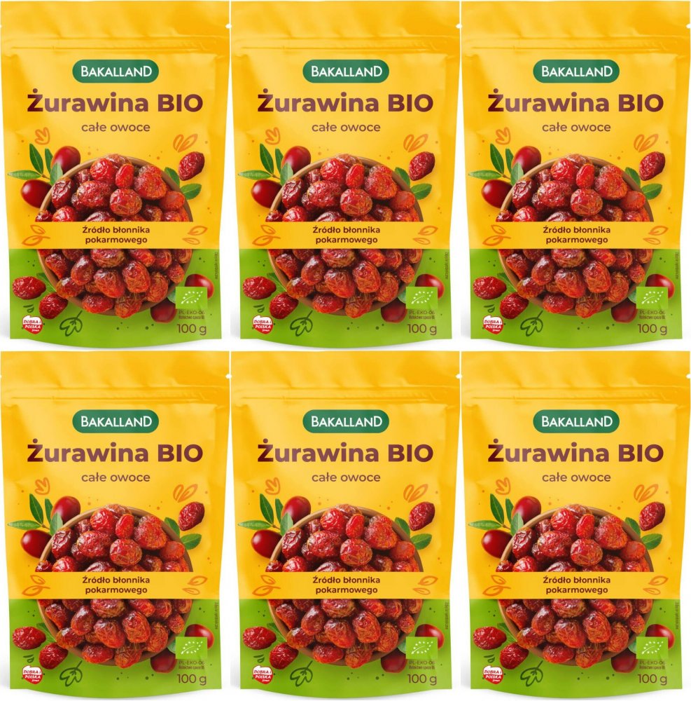 6x Żurawina suszona z zagęszczonym sokiem jabłkowym Bakalland BIO, 100g